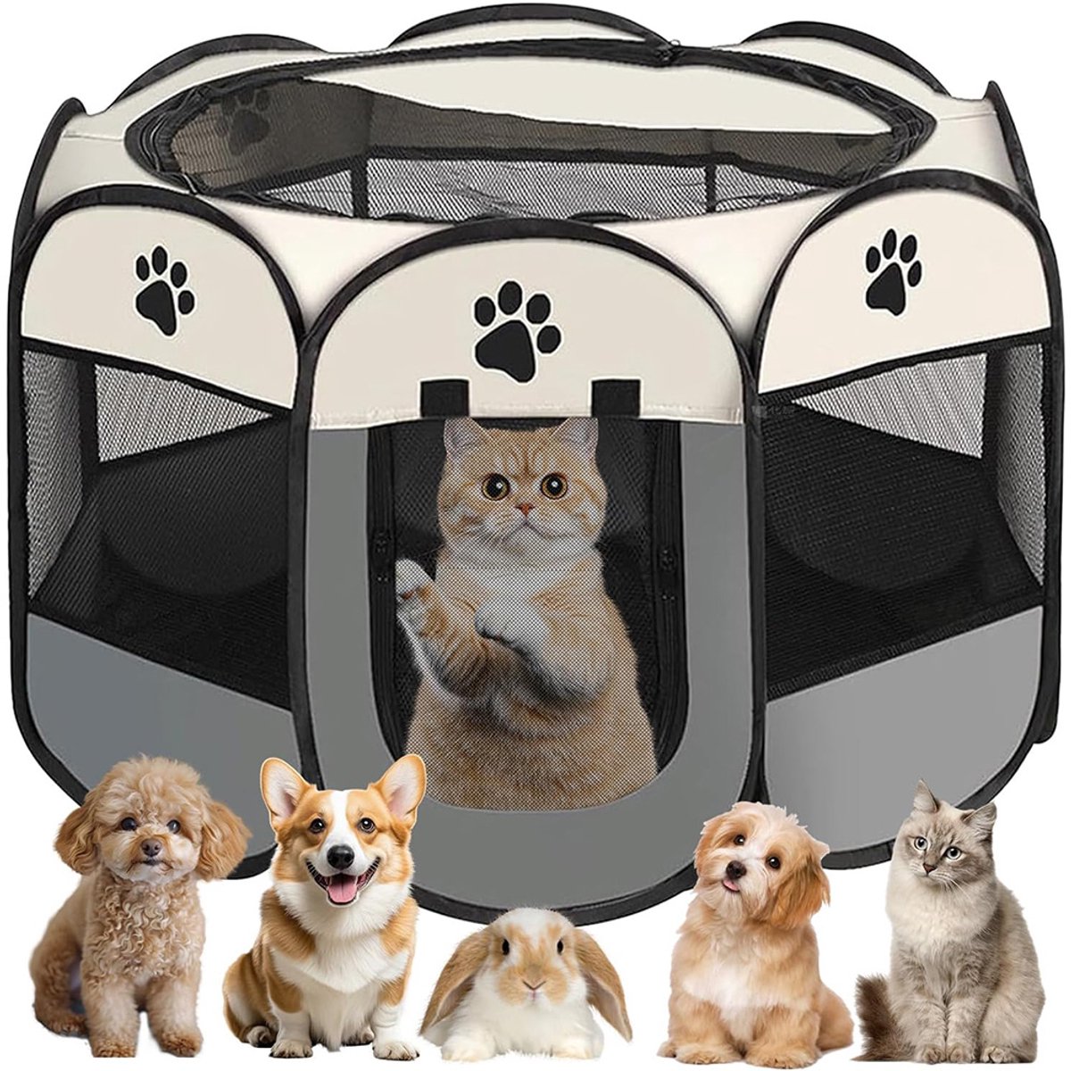 Huisdierentent - Opvouwbaar - Huisdierentent voor Katten en Honden - Geschikt voor Binnen en Buiten - Draagbaar - 74x74x43 cm - Werpbox voor Katten en Honden - Grijs