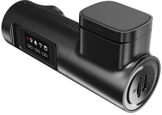 Zwarte AZDome dashcam, zicht op de achterkant met USB-poorten en LOCK-indicator.
