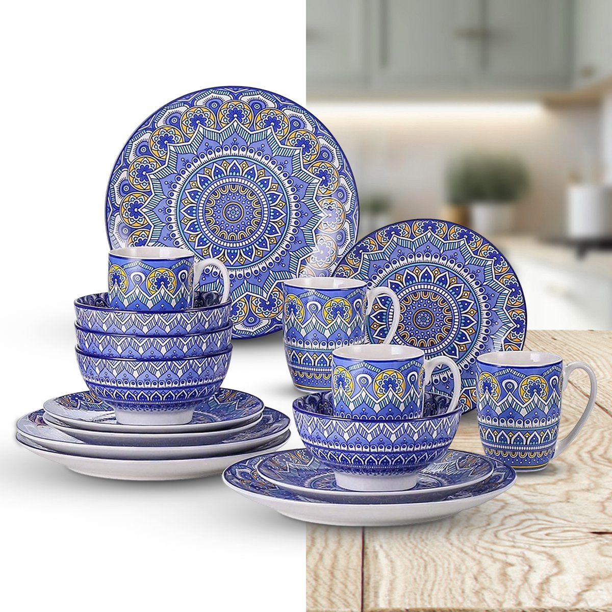 Luxe Serviesset- 16 delig – 4 persoons – Porselein - Bordenset – Dinner platen – Dessertborden - Kommen - Mokken - Blauw