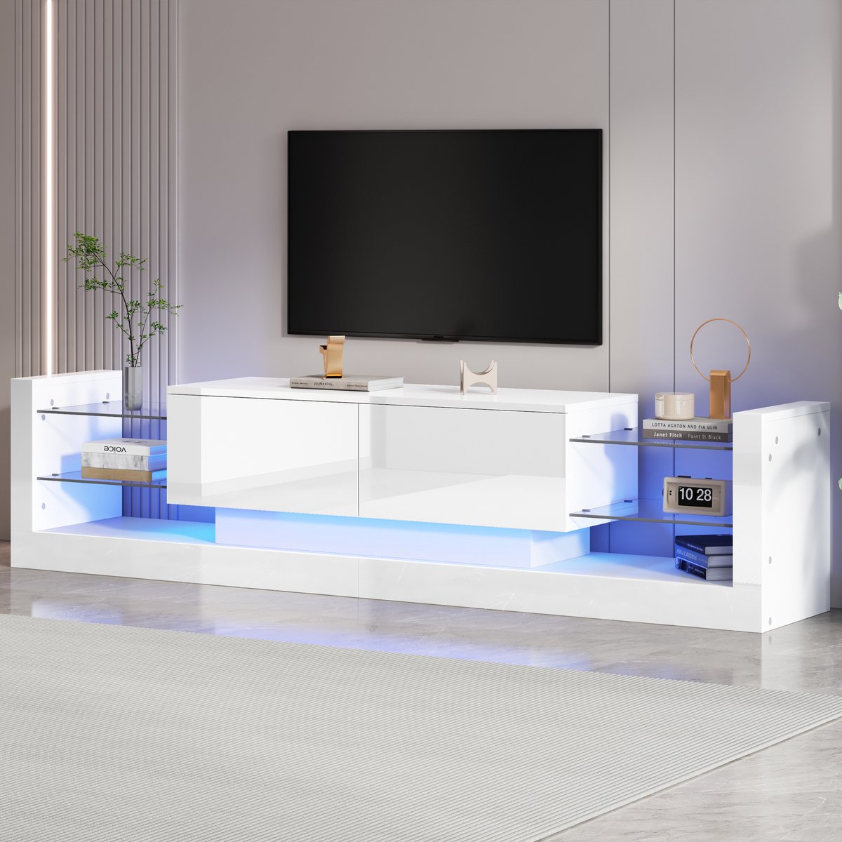 Clruro TV Kast - 181 cm Breed - Hoogglans met LED - Voor 80 Inch TV - Glazen Front - 2 Lades Wit