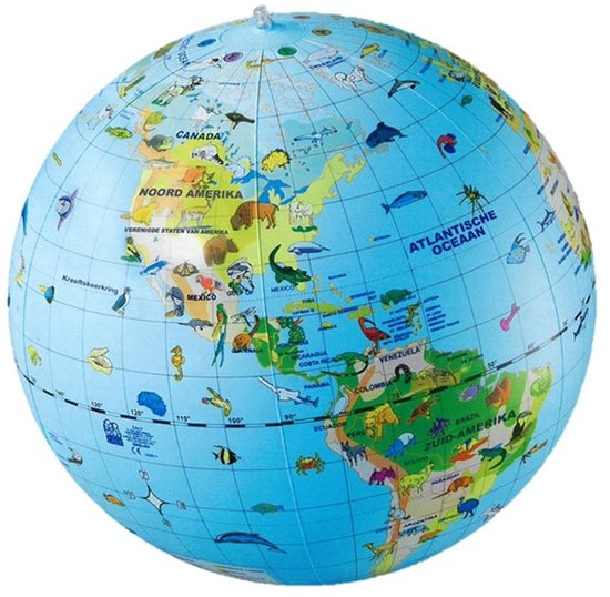 Grote opblaasbare wereldbol met dieren uit Noord-Amerika, Zuid-Amerika, Afrika en Europa. Diverse dieren zoals beren, apen en vissen zijn zichtbaar.
