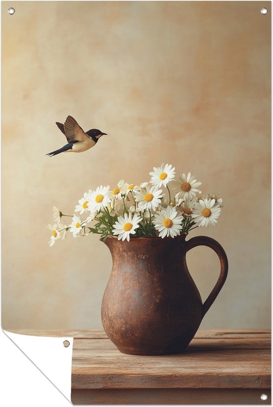 Vogel bij bloemen - Tuinwanddecoratie - Buiten - Tuinposter - 80x120 cm