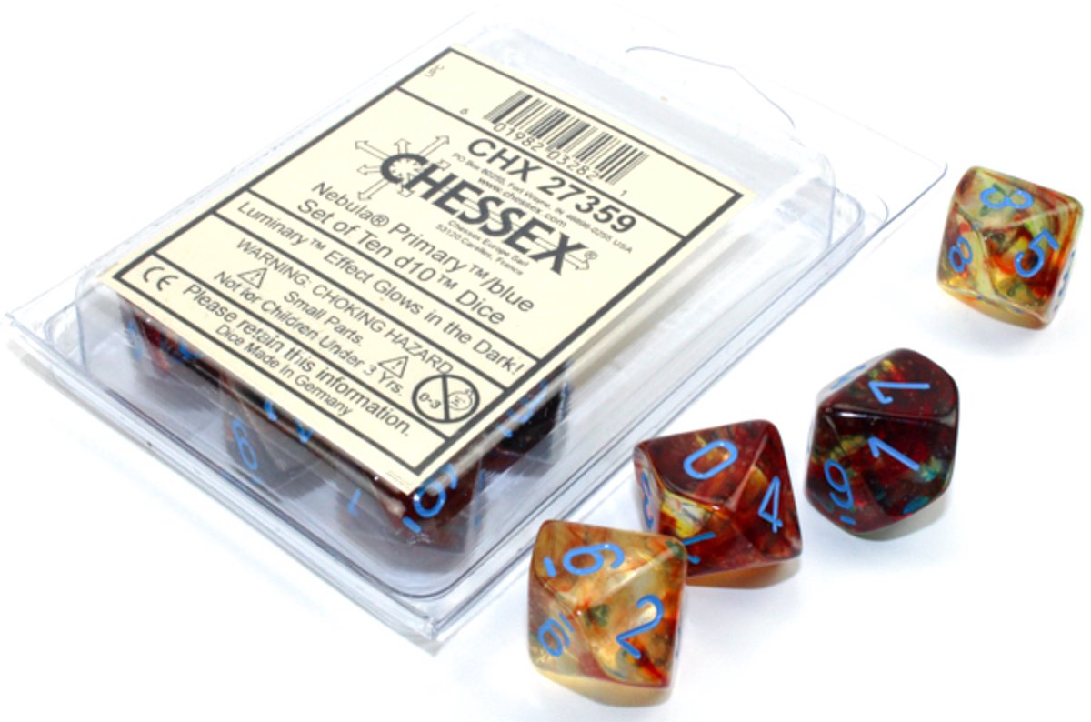 Chessex Nevel primair/blauw lichtgevend D10 Dobbelsteenset (10 stuks)