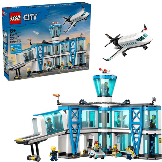 LEGO City Luchthaven met Vliegtuig (60502) doos en losse set met wit gebouw en vliegtuig.