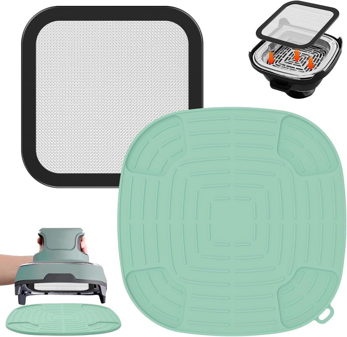 Airfryer accessoires Gescht voor Ninja CRISPi 1x roestvrij staal fijnmazige spatbescherming + 1x siliconen hittebestendige onderlegger voor Ninja heteluchtfriteuse FN101EUGY, FN101EUST en