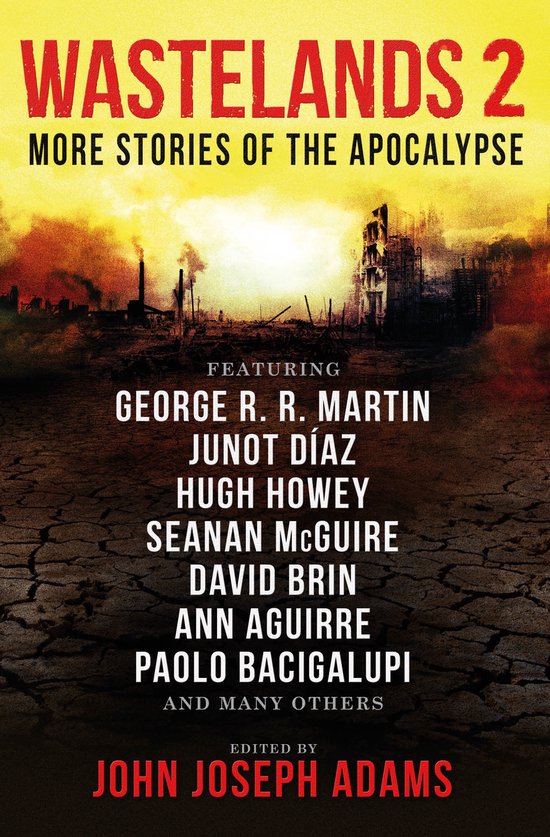 Boekomslag 'Wastelands 2 More Stories of the Apocalypse', met brandende gebouwen en rokende fabrieken op de achtergrond.