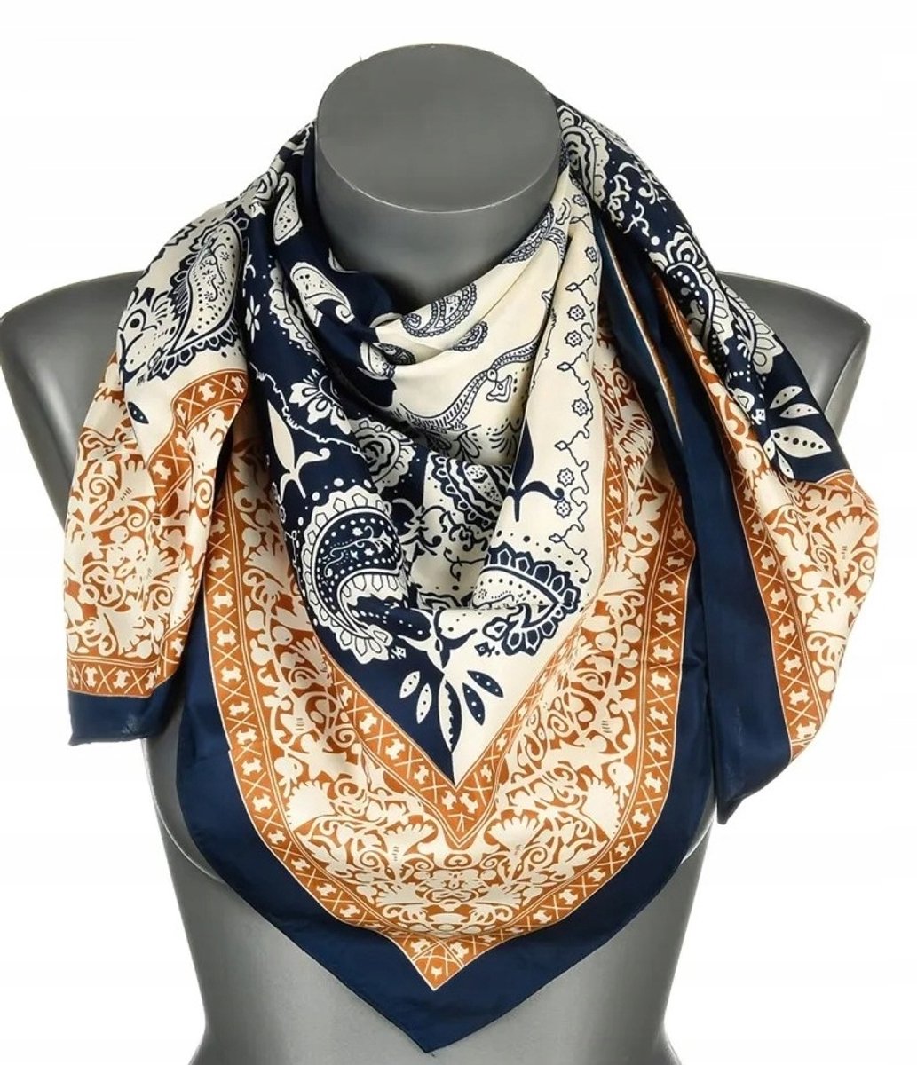 Dames Sjaal Zijde 90x90cm Folk2 MDB-26B Marineblauw