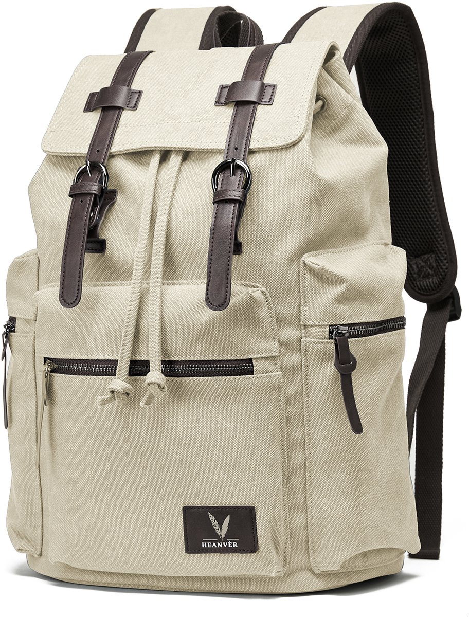 HEANVER Vintage Canvas Rugzak - Waterdichte Rugtas 27L - 15,6 inch laptop tas - Wit / Beige