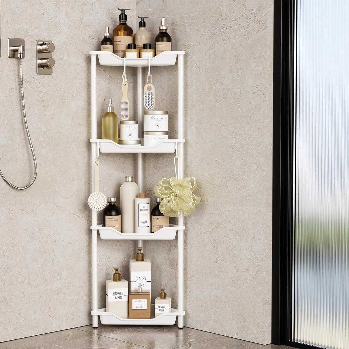 Set van 4 staande doucheplanken zonder boren - roestvrij staal met 4 haken - kunststof en metalen verbindingen - 25 -4 x 25 -4 x 10 -8 x 111 -6 cm - wit