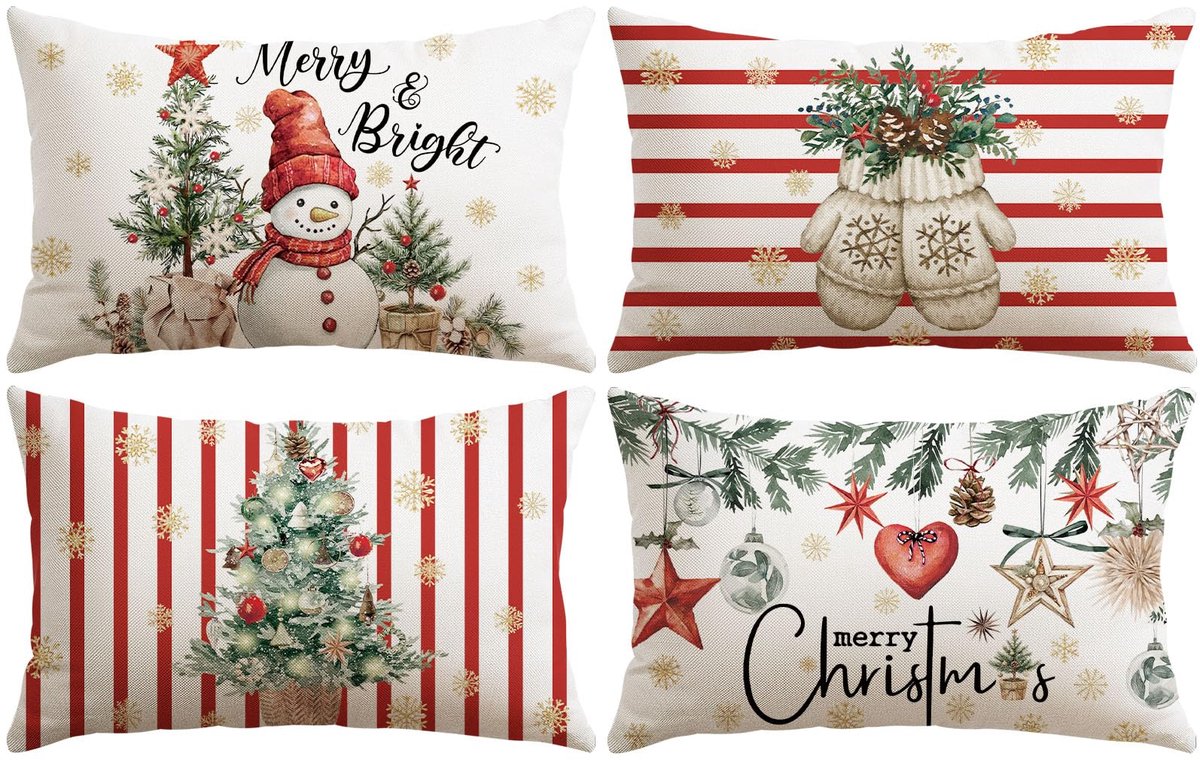 Unyqoos Set van 4 decoratieve kerstkussenhoezen met sneeuwpopdesign in rood Sneeuwpop Rood