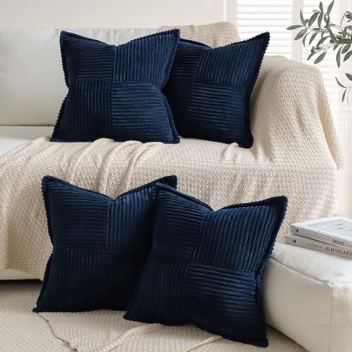 PromoHome Zachte corduroy kussenslopen - 4 Stuks Gestreept Design - 45x45 cm - Navy