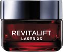 Een pot met rode Revitalift Laser X3 dagcrème met een glanzende zilveren deksel.