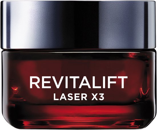 Een pot met rode Revitalift Laser X3 dagcrème met een glanzende zilveren deksel.
