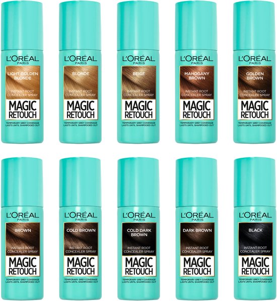 Tien L'Oréal Paris Magic Retouch uitgroeisprays in verschillende kleuren: licht goudblond, blond, beige, mahoniebruin, goudbruin, bruin, koudbruin, koel donkerbruin, donkerbruin en zwart.