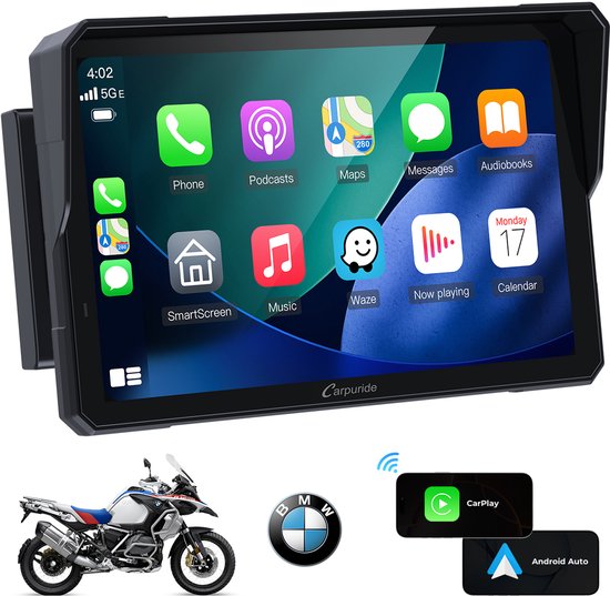 CARPURIDE W702B CarPlay scherm voor BMW R1200GS R1250GS S1000XR R1300GS motorfiets, 7-inch draagbare audio voor motorfiets, IP67 waterdicht touchscreen, dubbele Bluetooth, navigatie, Siri/Google