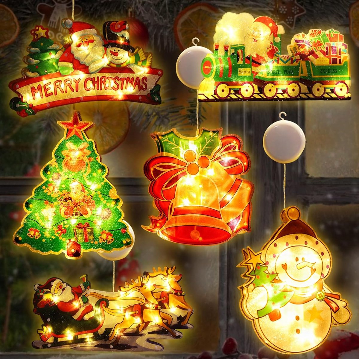 6 stuks LED-kerstdecoratie voor ramen, werkt op batterijen, zuignappen, binnen en buiten, balkon, feestjes, verlichting