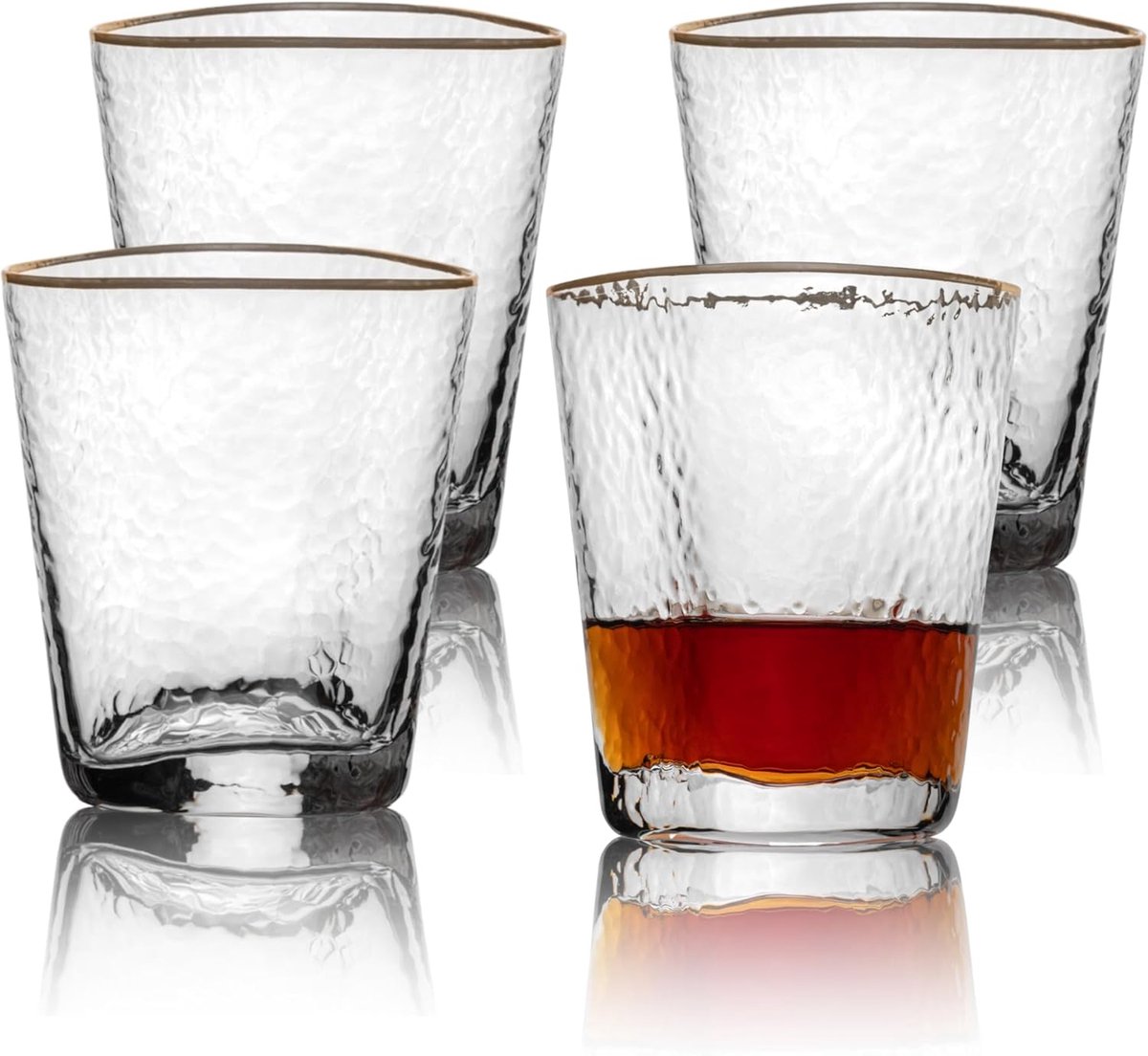 Whiskeyglazen (set van 4) - Gehamerde glazen met gouden rand en korte steel - Champagneglazen - Waterglazen - Cocktailglazen - 350 ml