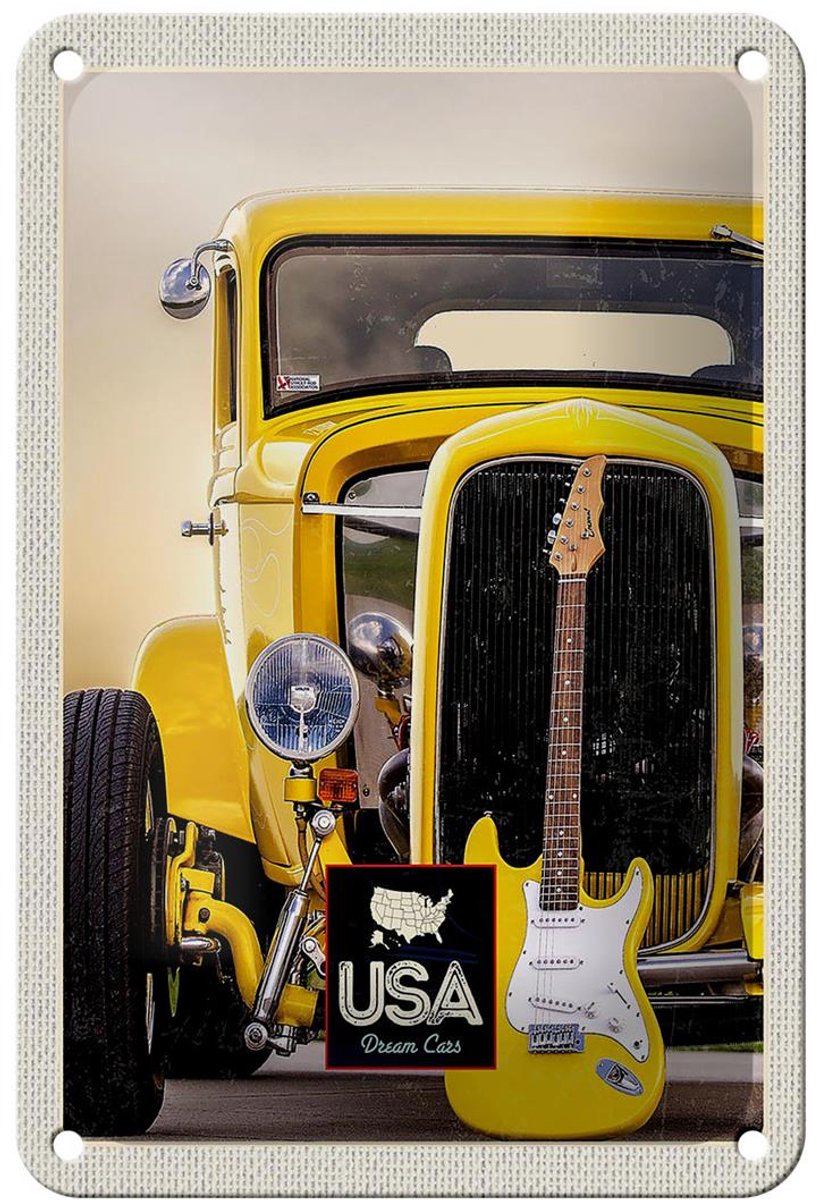Blechschild Reise 12x18cm Amerika Oldtimer gelb Auto Gitarre Schild