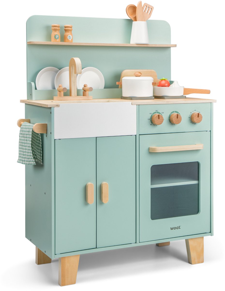 Woet® Houten Speelgoed Kinderkeuken Mint Groen - Speelkeukentje met Pannen, Servies, Groente en Snijplank - Houten Speelkeuken - Werkbladhoogte 55 cm - Rollenspel - Vanaf 3 Jaar — afbeelding 7
