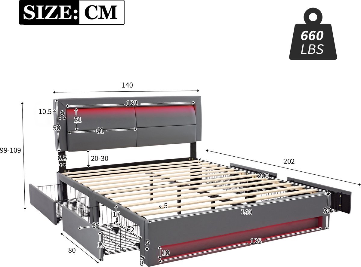 Knoopgepolsterd bed 140 x 200 cm met USB-aansluiting (ondersteunt draadloos en bekabeld opladen), LED-verlichting, vier opbergladen, zonder matras, PU litchi-structuur, grijs