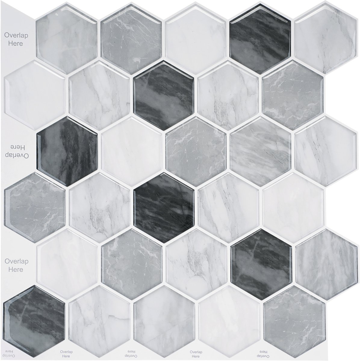 24Supply Plaktegels - 10 Stuks - Glans - Marmer Grijs - Hexagon - 30.5x30.5cm