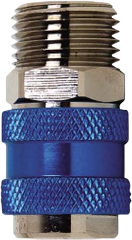 Messing snelkoppeling met blauwe, geribbelde mouw en 1/4" uitwendige schroefdraad.