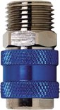 Messing snelkoppeling met blauwe, geribbelde mouw en 1/4" uitwendige schroefdraad.