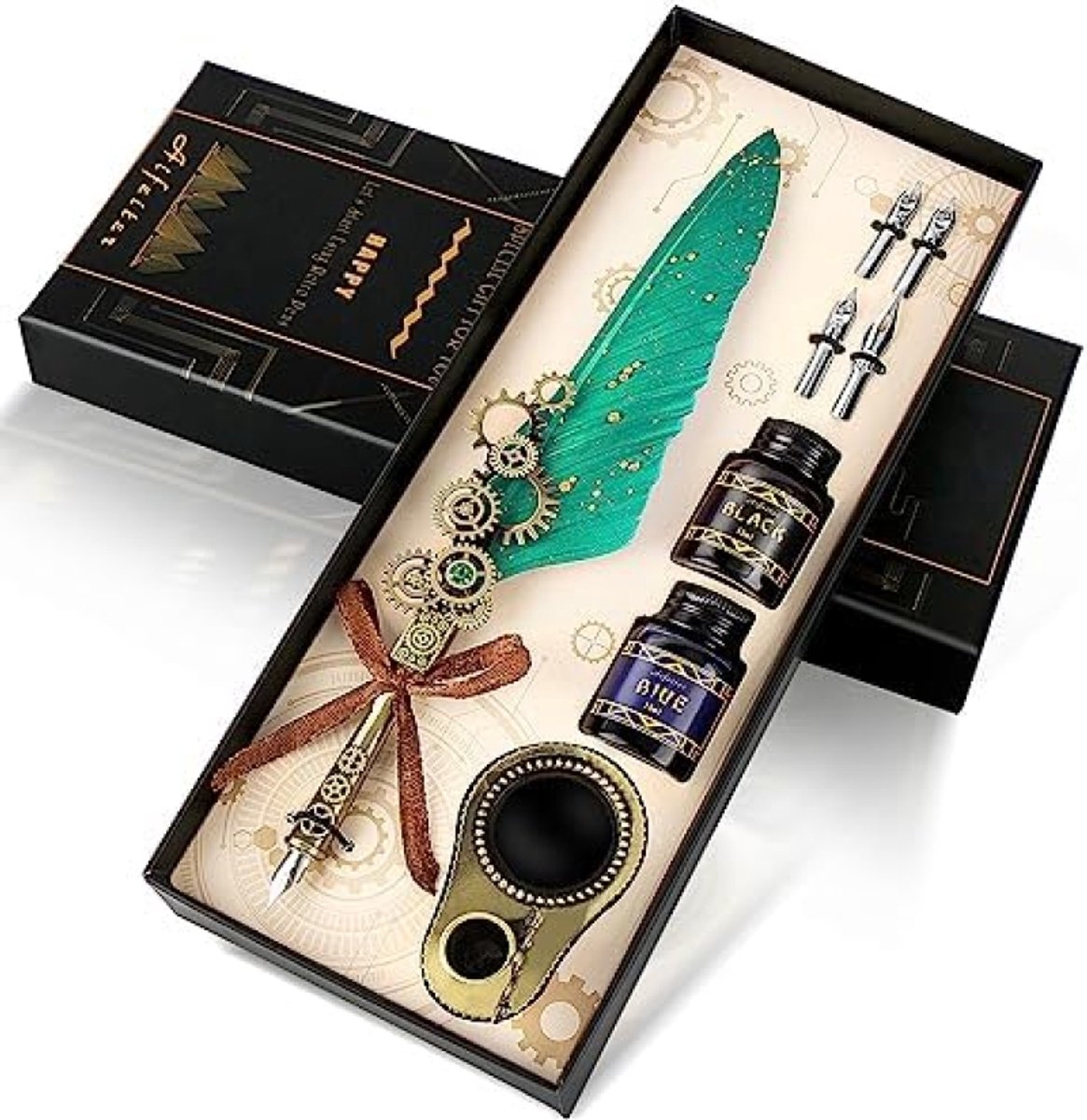 Feather Pen Inktset – Luxe Kalligrafiepen, Vintage Handgeschriftset, Perfect Cadeau voor Liefhebbers – Groen