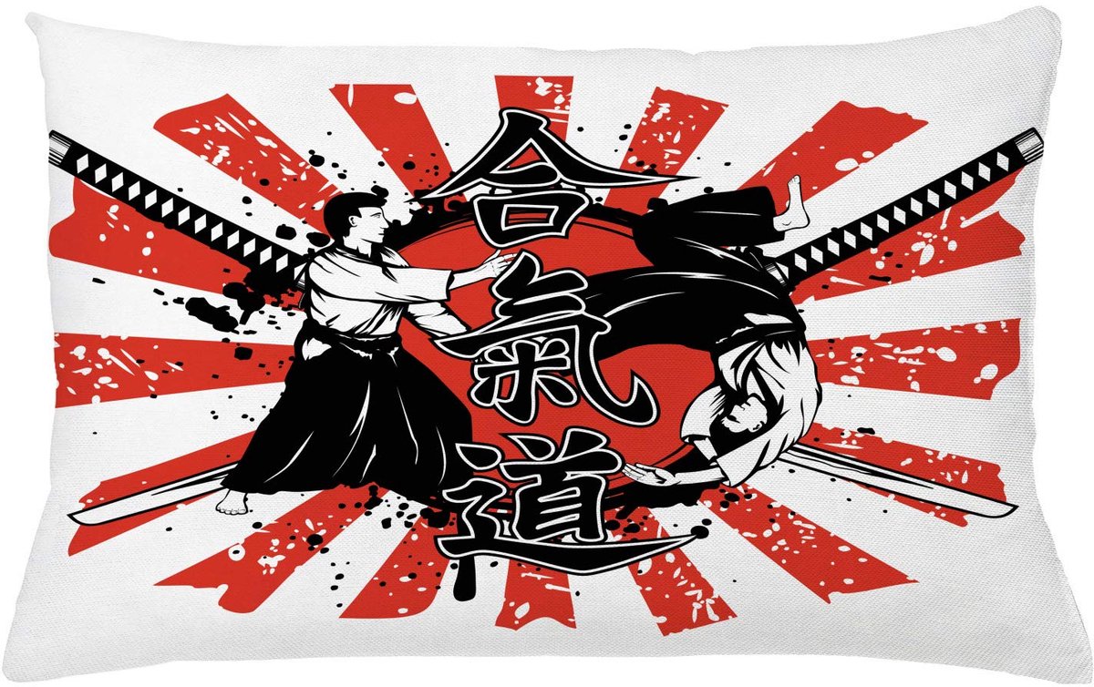 ABAKUHAUS Kussenhoes – Aikido-Samurai – 65x40 cm – Bedrukt aan 2 zijden, Rits, Multicolor Oranje