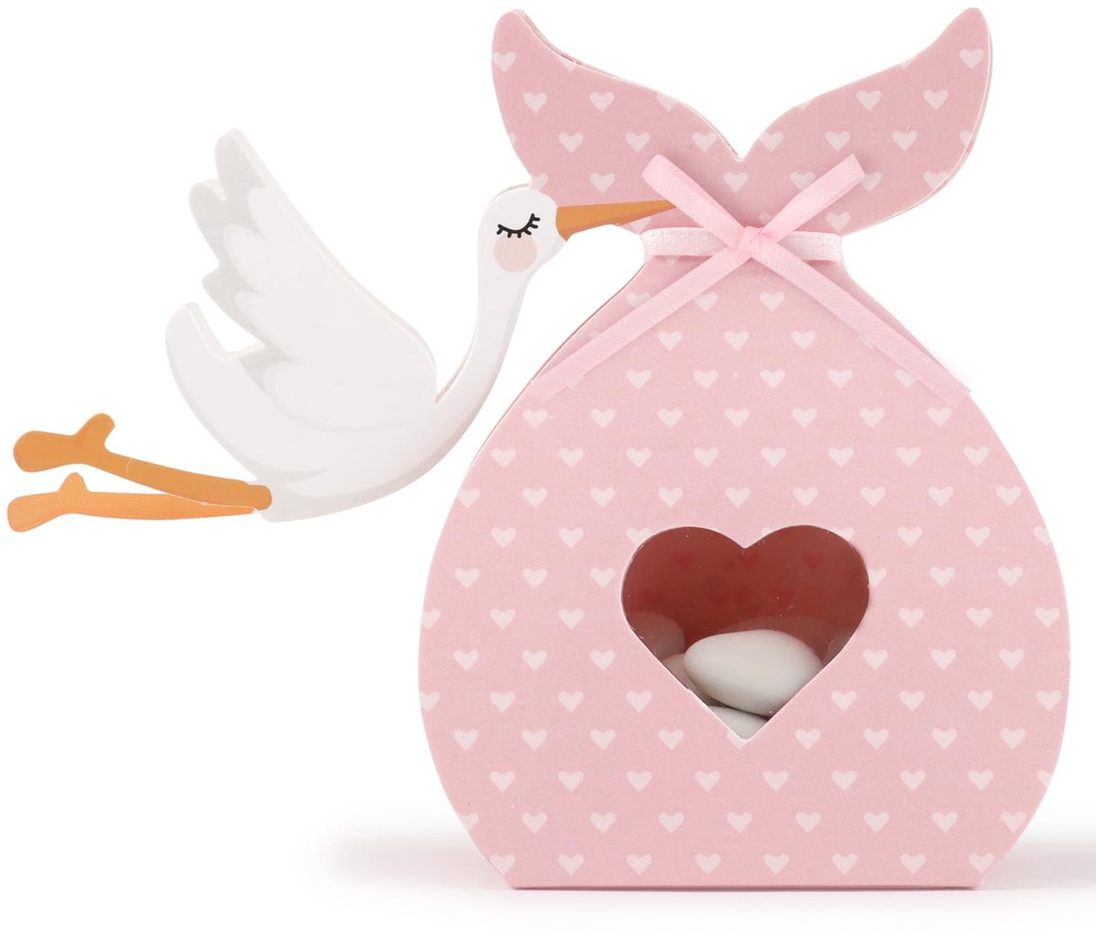 Verpakking van 50 Holk-geschenkdozen voor geboortemeisjes - Roze ooievaar-geschenkdoos met lint als cadeauverpakkingsdecoratie voor feest, geboorte, doop, verjaardag, meisje