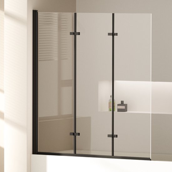 EMKE Paroi de Baignoire - Paroi de Baignoire Pliante en 3 Parties - 120x140 cm - Zwart - Verre de Sécurité Transparent 6 mm - Revêtement Nano - Profilé en Aluminium - Pare-baignoire