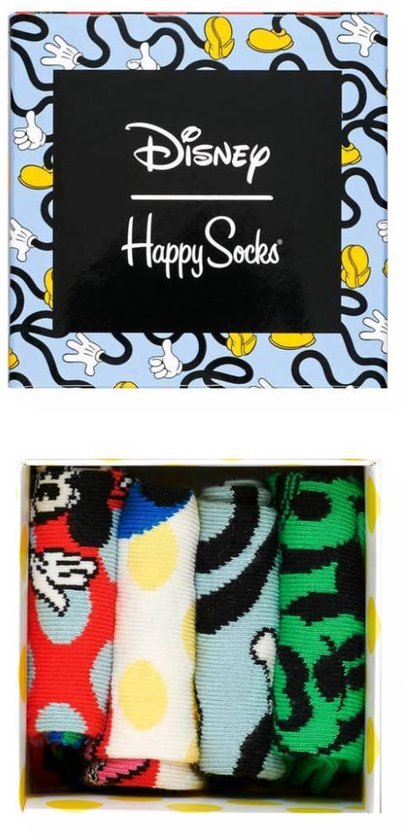 Happy Socks Disney giftbox met vier paar kleurrijke sokken met Mickey Mouse en Donald Duck motieven.