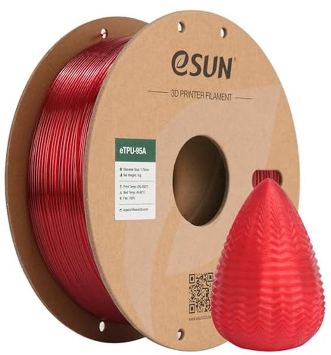Flexibel TPU 95A Filament 1.75mm voor 3D Printer - Transparant Rood 1KG