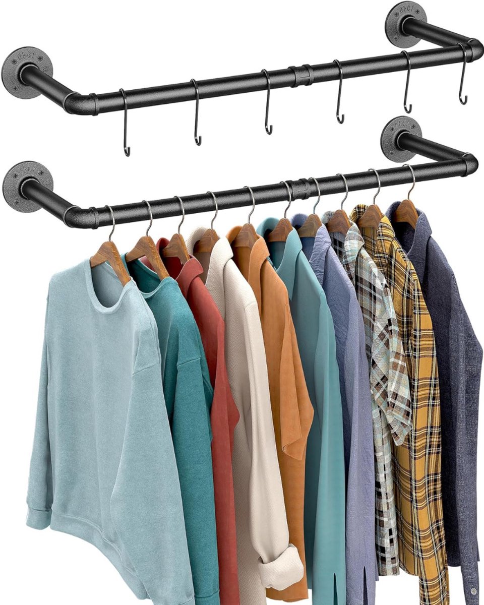 VIN® Kledingstang voor aan de Muur – Hoogwaardige Stalen Kledingroede – Set van 2 - Kledingrek - Hangrek - Garderobe Stang – Wandmontage – 92 cm - Zwart