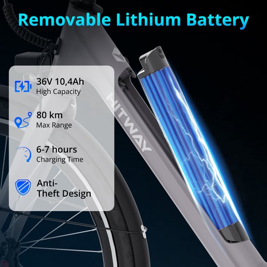Hitway Elektrische Fiets BK18 Pro - Trendy 28 Inch City Commuter EBike met Afneembare 36V 10.4Ah Lithium Batterij - Mountain E-Bike met 250W Motor - APP Bediening - IP54 Waterdicht van Hitway — afbeelding 4