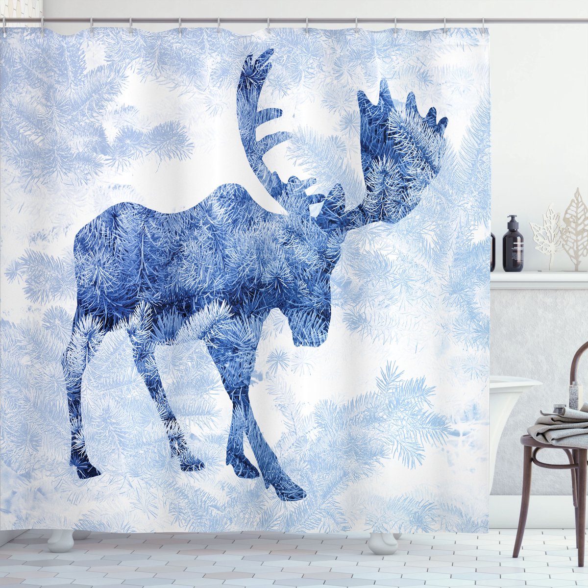 ABAKUHAUS Eland Douchegordijn, Blauwe Winter Antlers Boom, Stoffen Badkamerdecoratieset met Haken, 175 x 240 cm, Violet Blauw