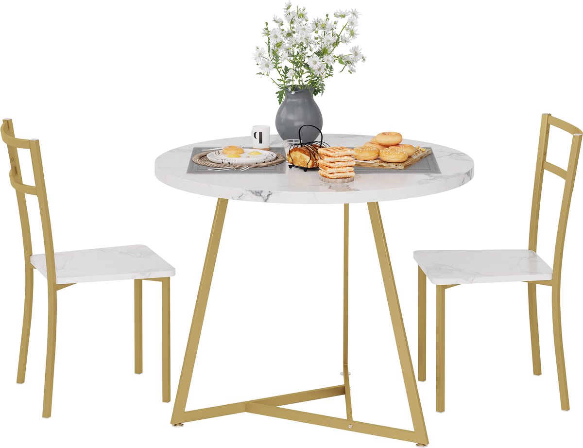 3‑delige eettafelset voor 2 personen - ronde eethoek met beklede stoelen - 80 x 80 x 75cm -Gouden