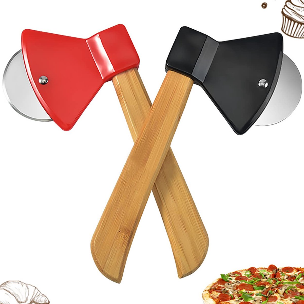 2 stuks - Snijgereedschap - Pizzasnijder - Bijlvormig - Roestvrij staal - Bamboe handvat - Geschikt voor taarten, koekjes en brood - Bakgereedschap - Zwart + rood
