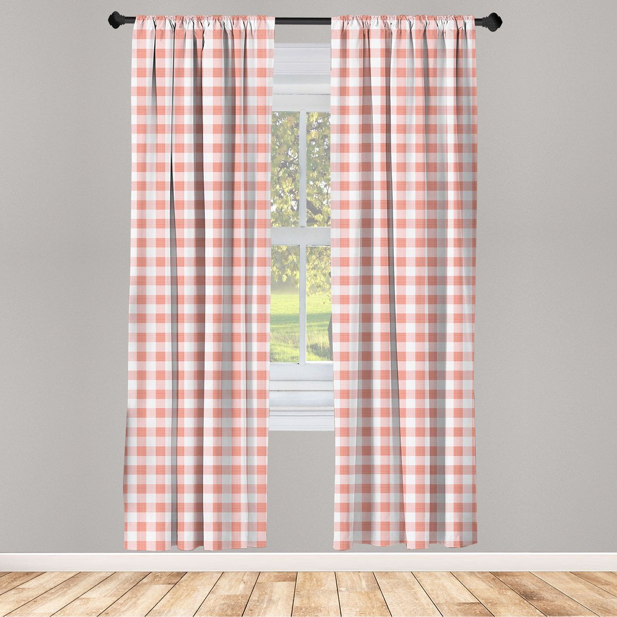 ABAKUHAUS Geruite raamgordijnen – Set van 2 panelen 75x245 cm – roze/lichtroze/wit