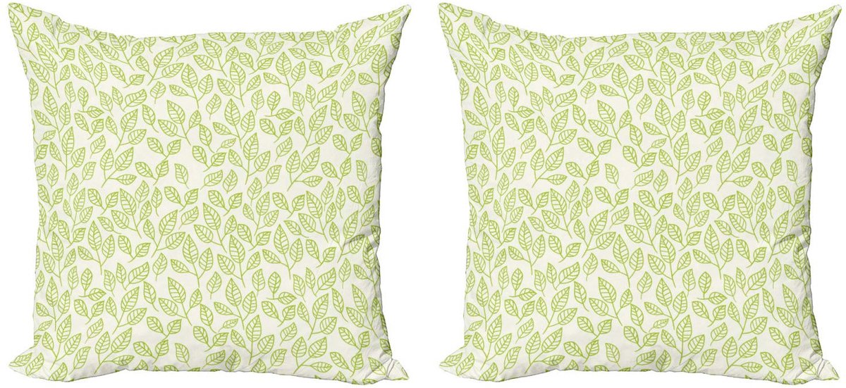 ABAKUHAUS Blad Kussenhoes – 2x40x40 cm – Dubbelzijdig bedrukt – Mikrofaser – Ecru/Groen