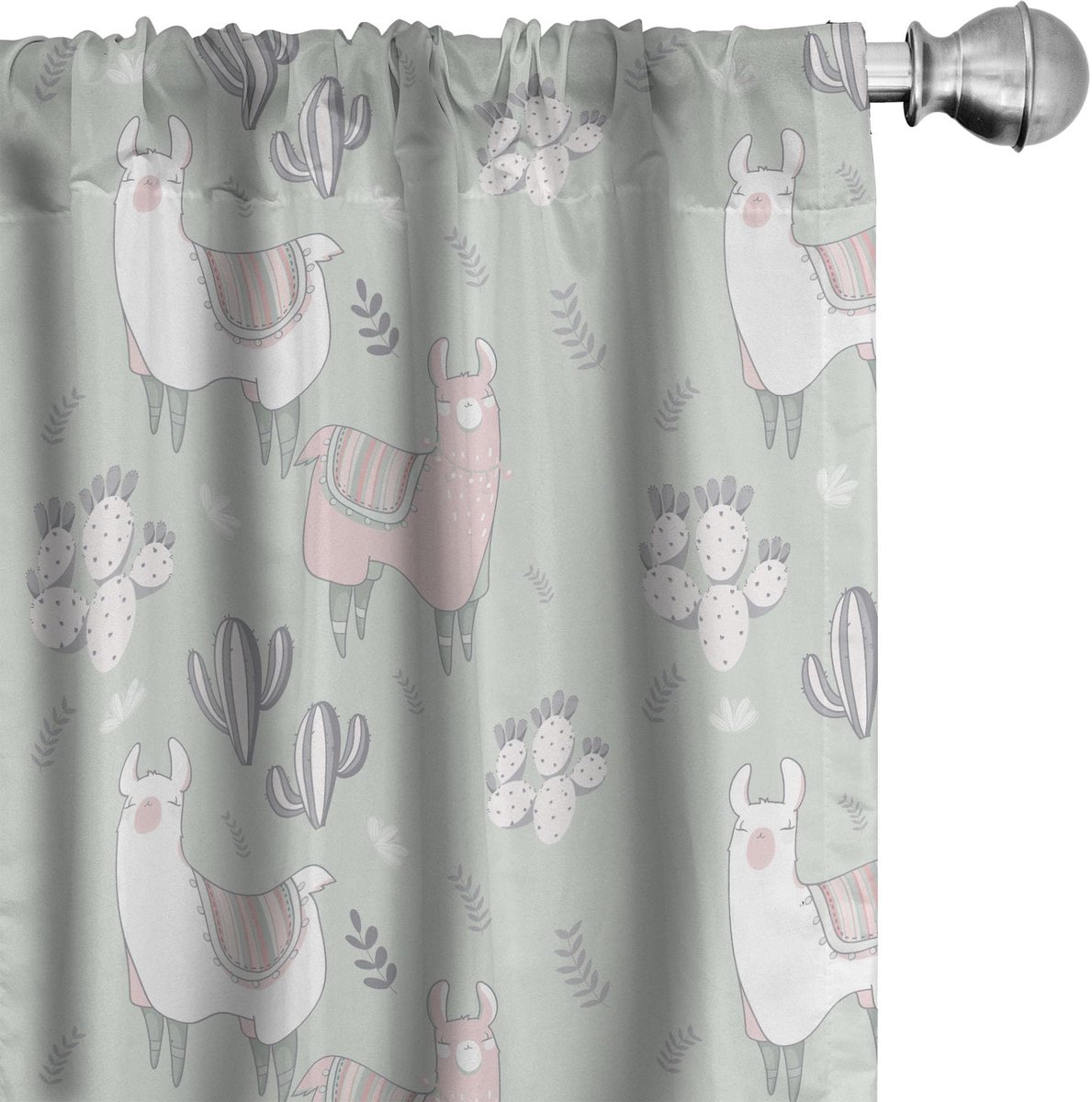 ABAKUHAUS Pastelgordijnen – Lama Cartoon – 2x75x175 cm – Licht saliegroen Pale Sage Grün Blush
