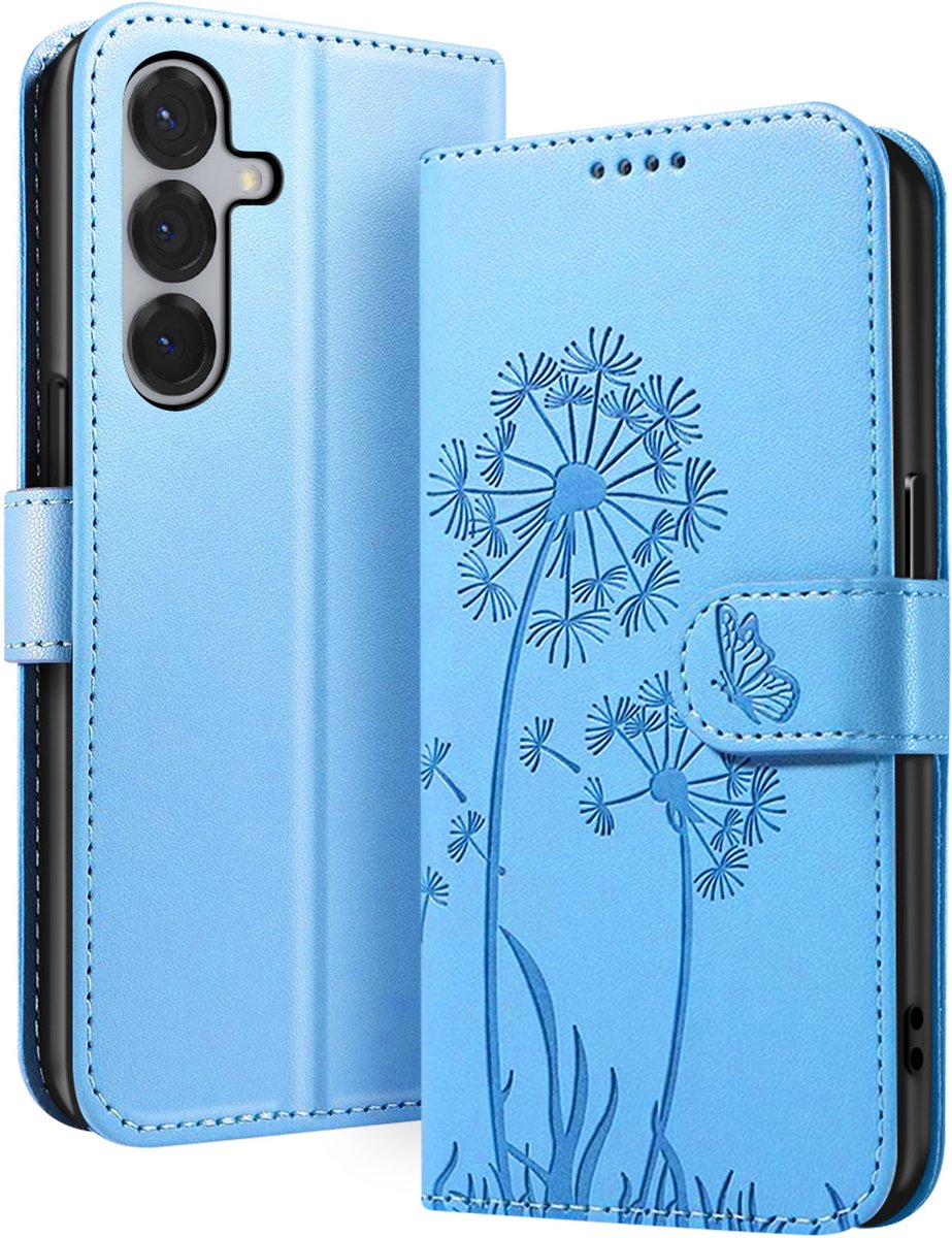 Zanae, Portemonneehoesje Geschikt voor Samsung Galaxy S24 / S25 Premium Design Bloemen Vlinder, Lichtblauw