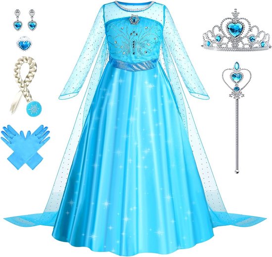 Vicloon prinsessenkostuum meisjes, ijskoningin ELSA prinsessenjurk, Princess Dress geel met diadeem, toverstaff, handschoenen en andere accessoires, voor Kerstmis, carnaval, party, Halloween