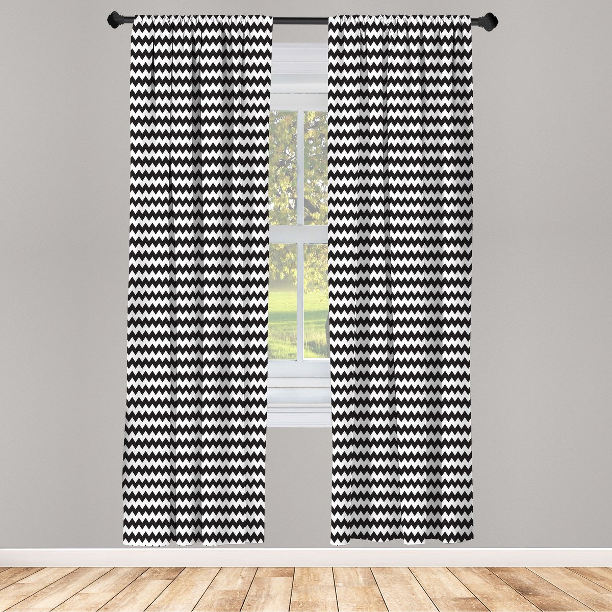 ABAKUHAUS Hoekgordijnen – Zigzag Zwart-Wit 2-panelen-set – 75x225 cm