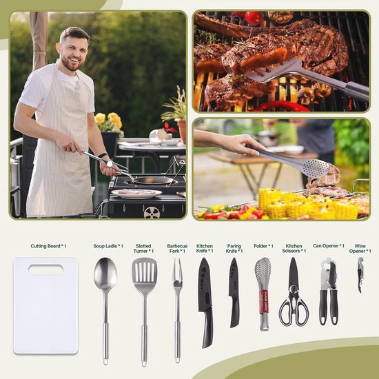 Life 2 Go 10 stuks kamp kookgerei set & outdoor keuken gear kookgerei kit, draagbare compacte draagtas voor kamperen, wandelen, reizen, BBQ grillen roestvrij stalen accessoires lepel en vork, grijs