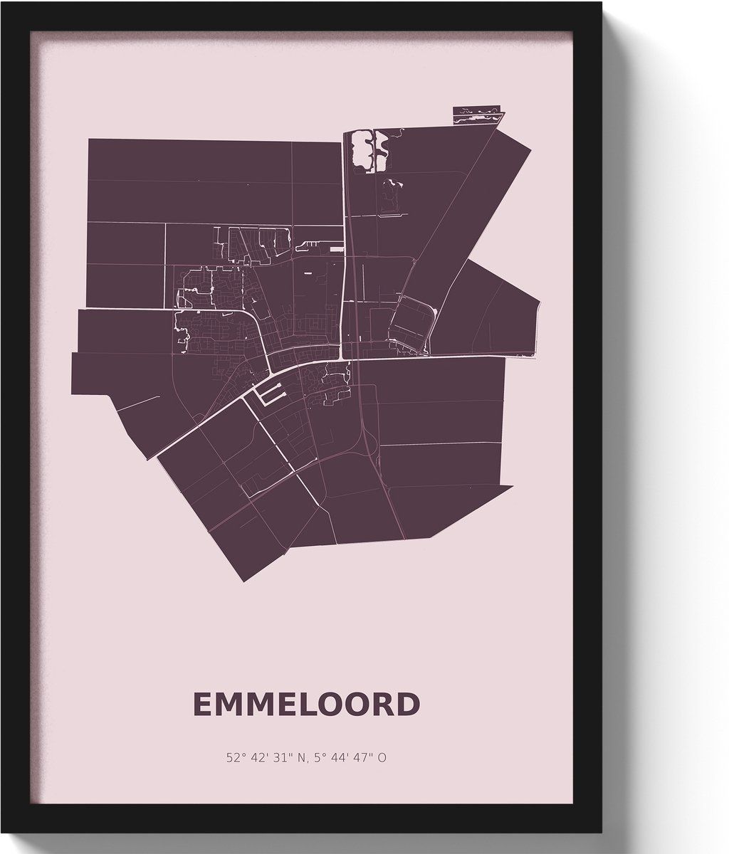 Poster Emmeloord A2 - 42 x 59,4 cm - Paars Inclusief lijst (Zwart MDF)