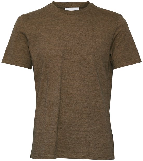 Vooraanzicht van een olijfbruin gemêleerd katoenen T-shirt met korte mouwen en ronde hals.
