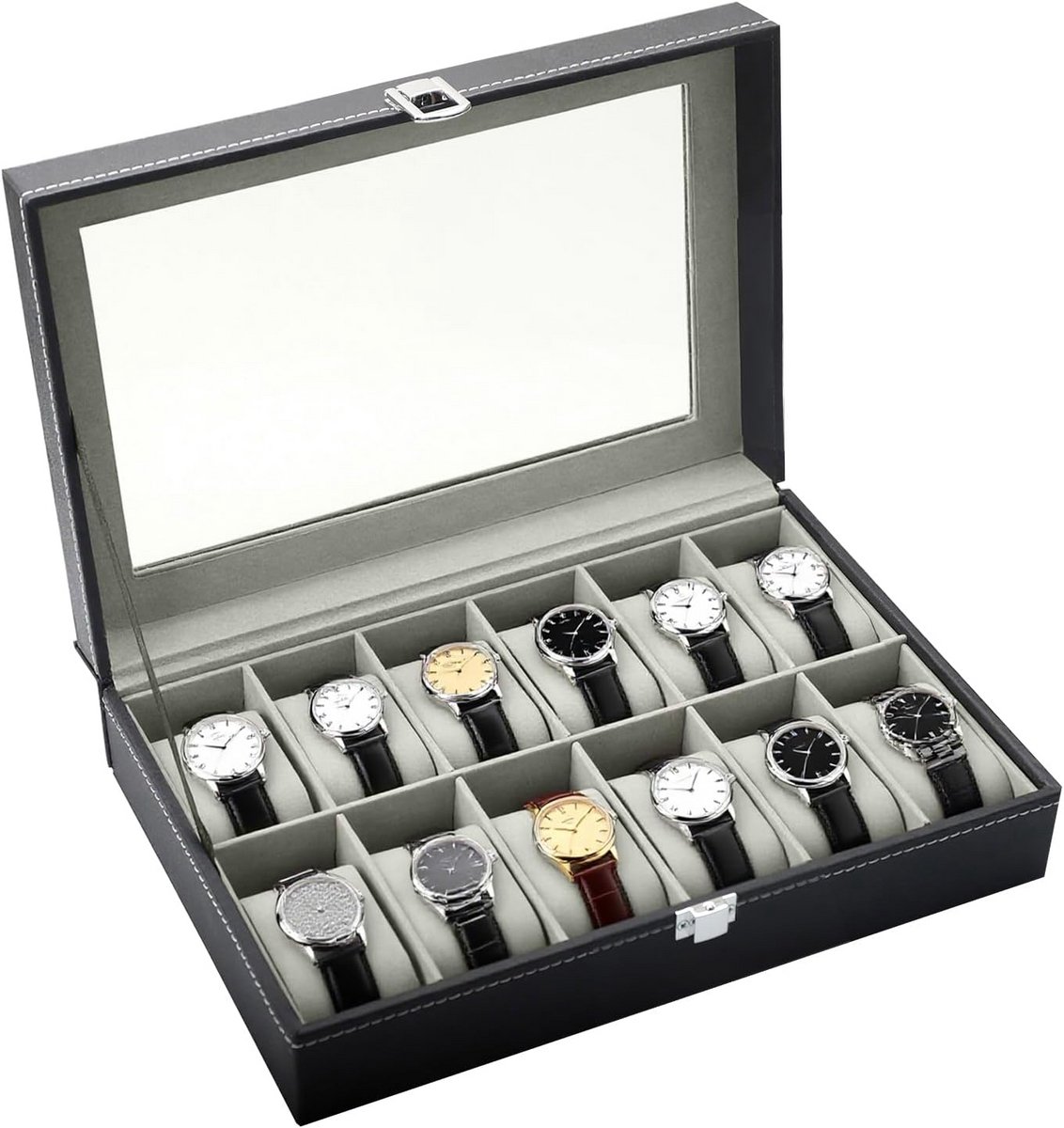 Horlogedoos 12 vakken PU leer met afneembare kussens - Ruime opbergdoos voor horloges en sieraden