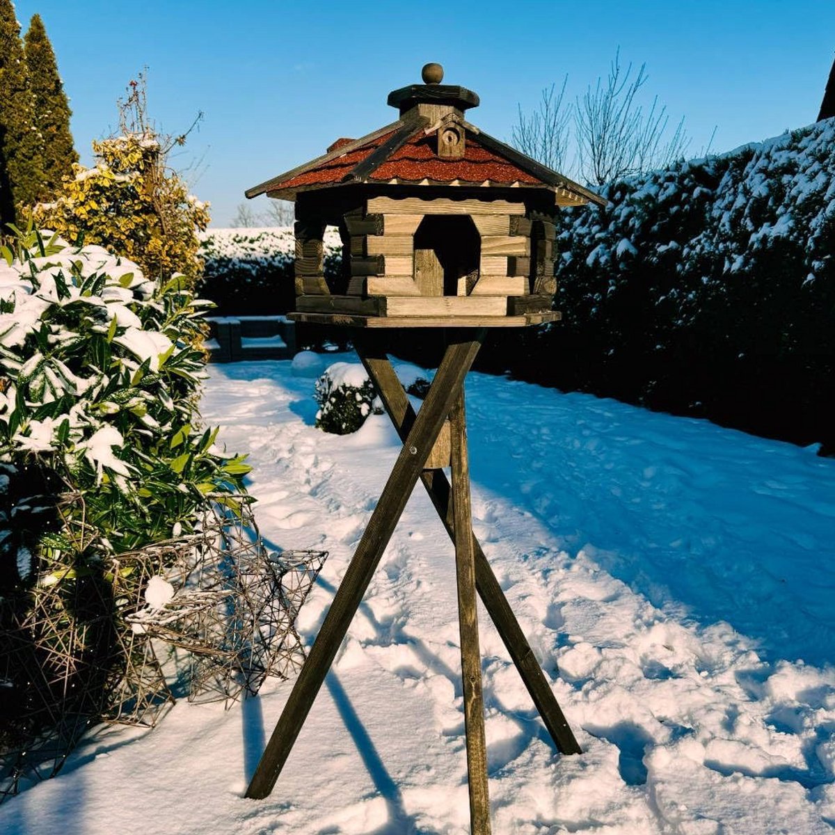 Vogelvoederhuis XL zeshoekig hout met standaard en shingledak