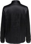 Zwarte satijnen blouse met lange mouwen, achterkant.